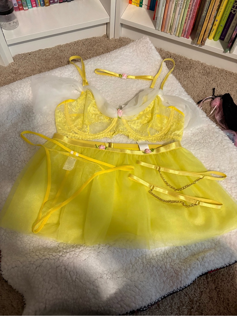 SHEIN Sunny Yellow Lace & Mesh Lingerie Set with Sheer Skirt